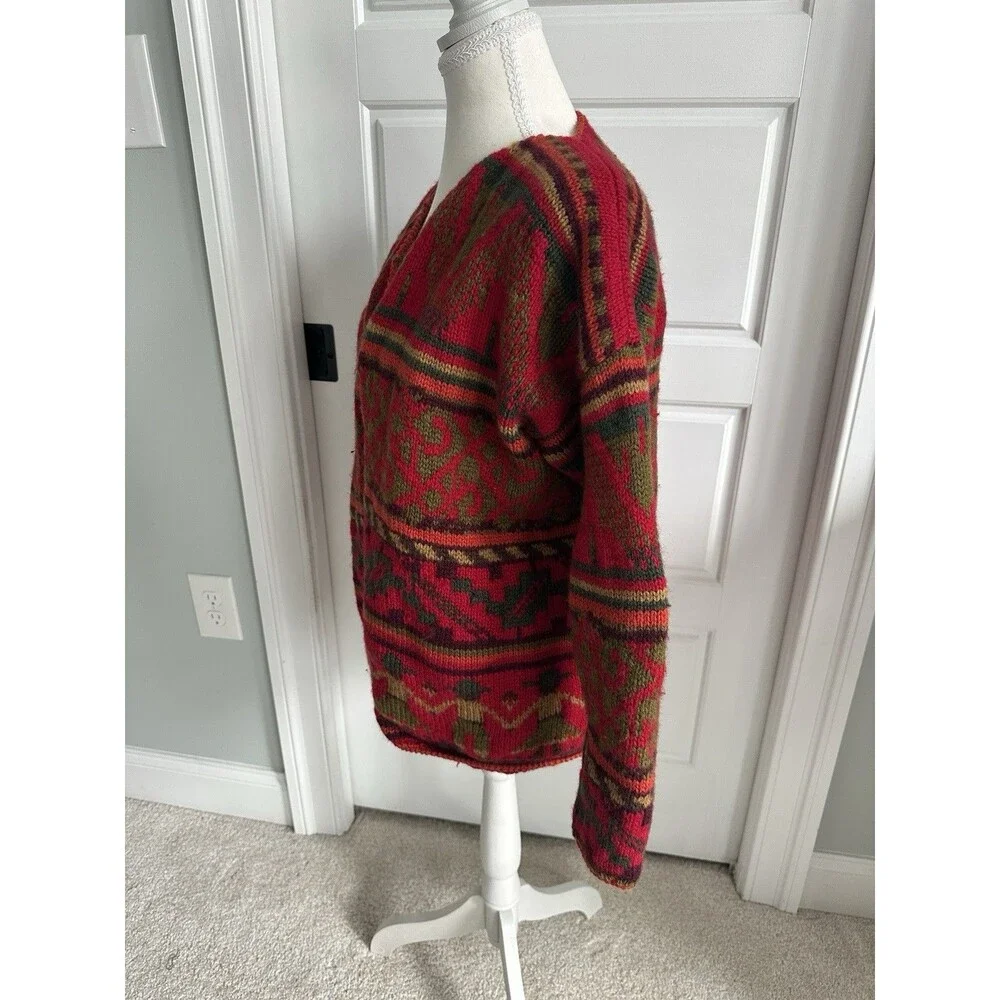 Vintage Hand Knit Wool Cardigan South American Motif Red Green Chunky Boho L/XL - Picture 6 of 10